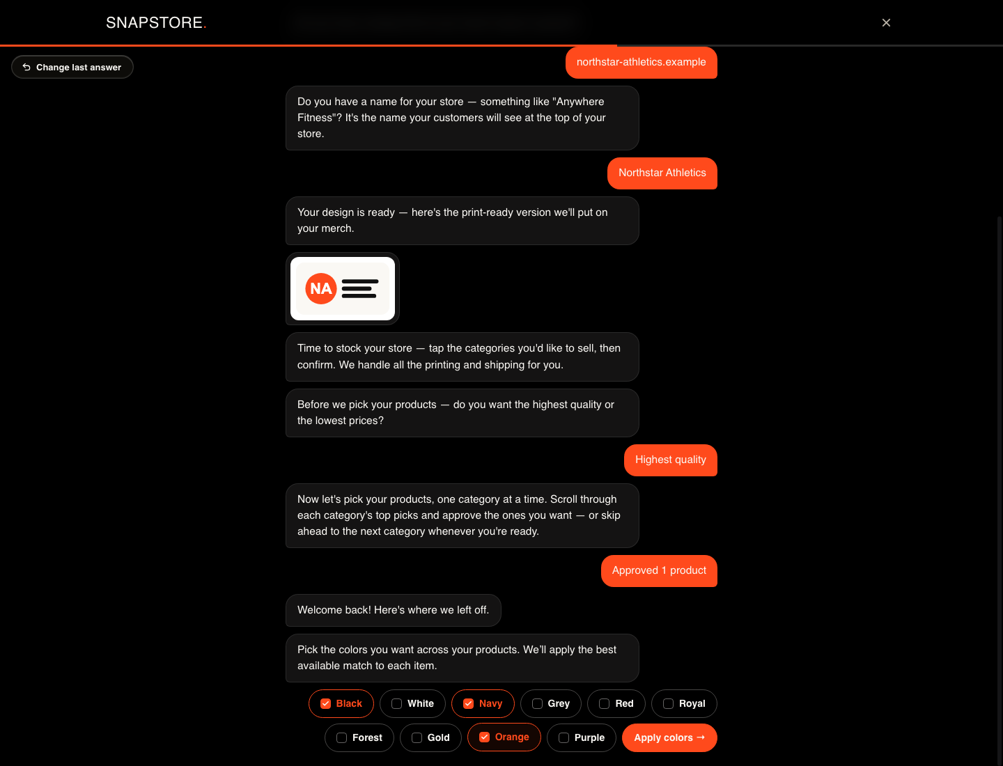 Snapstore onboarding product-color picker showing all ten supported palette families with Black, Navy, and Orange selected