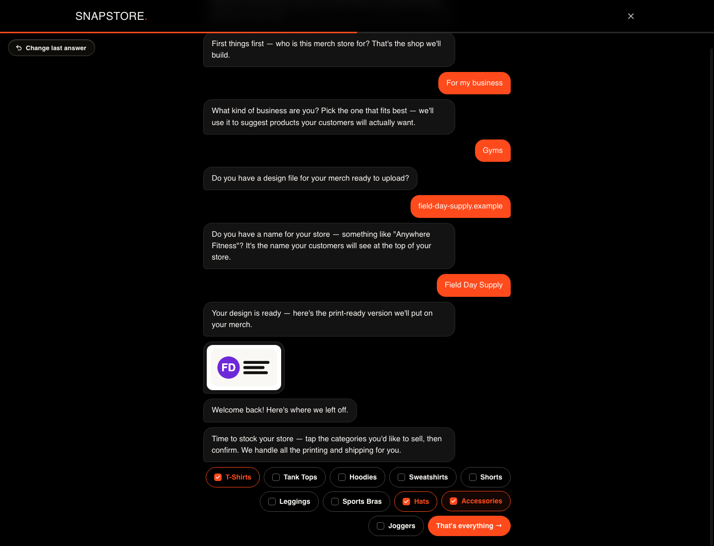 Snapstore onboarding product picker with T-Shirts, Hats, and Accessories selected for apparel, headwear, and drinkware
