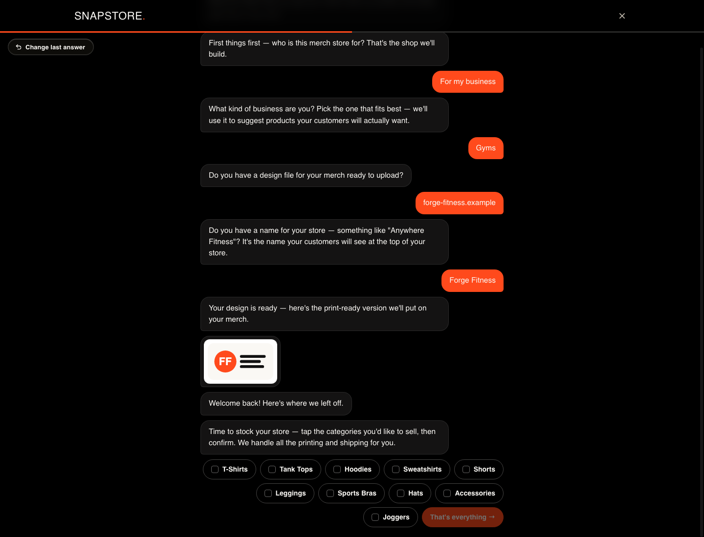 Snapstore onboarding chat showing the extracted Forge Fitness logo from forge-fitness.example