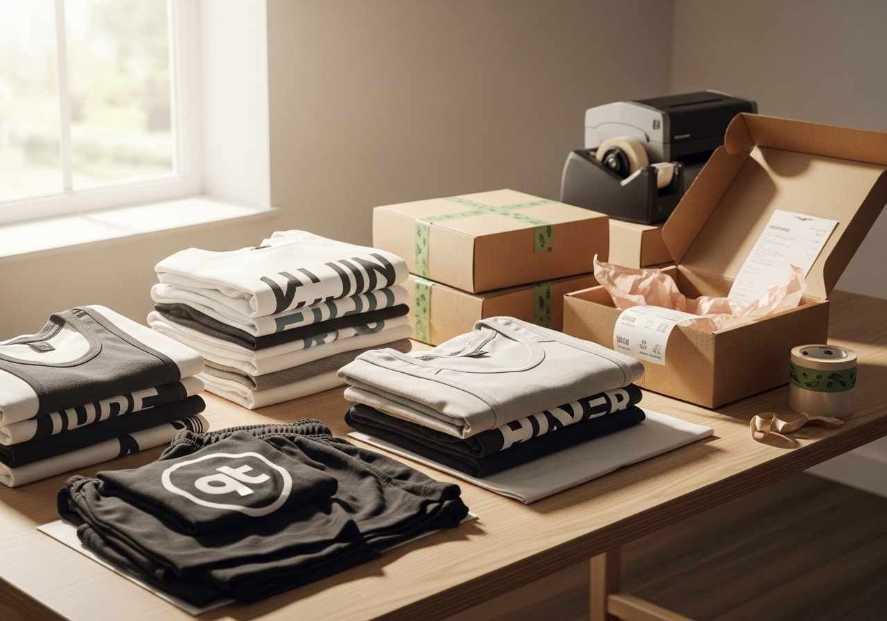 Freshly printed apparel boxed and ready to ship